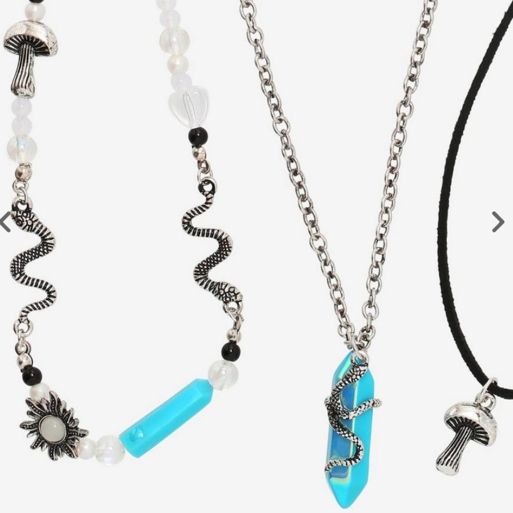 Blue Crystal Mythical Charms Necklace  Set of 3  Silver  Black  Turquoise  Snake